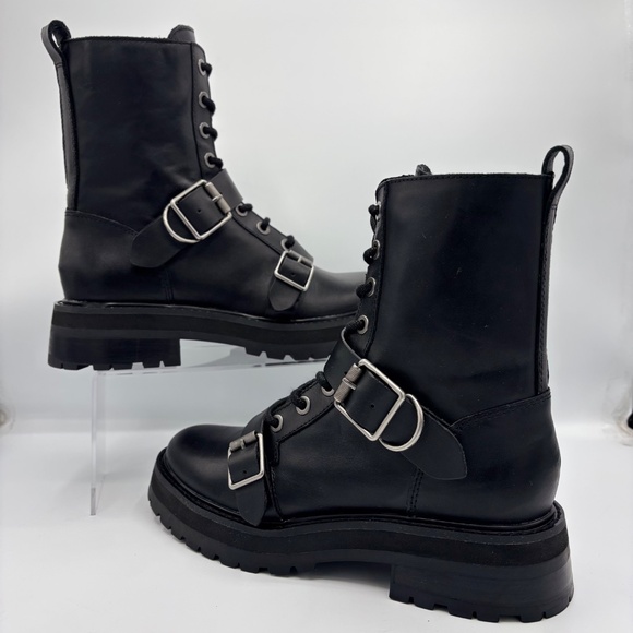 Dolce Vita Black Combat Boots Size 7 Lug Sole Buckle Leather Zip - Picture 3 of 15